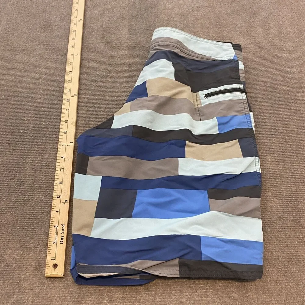 Patagonia Trunks Board Short Mens Size 29 Beach Blue Striped Swim Logo Wavefarer